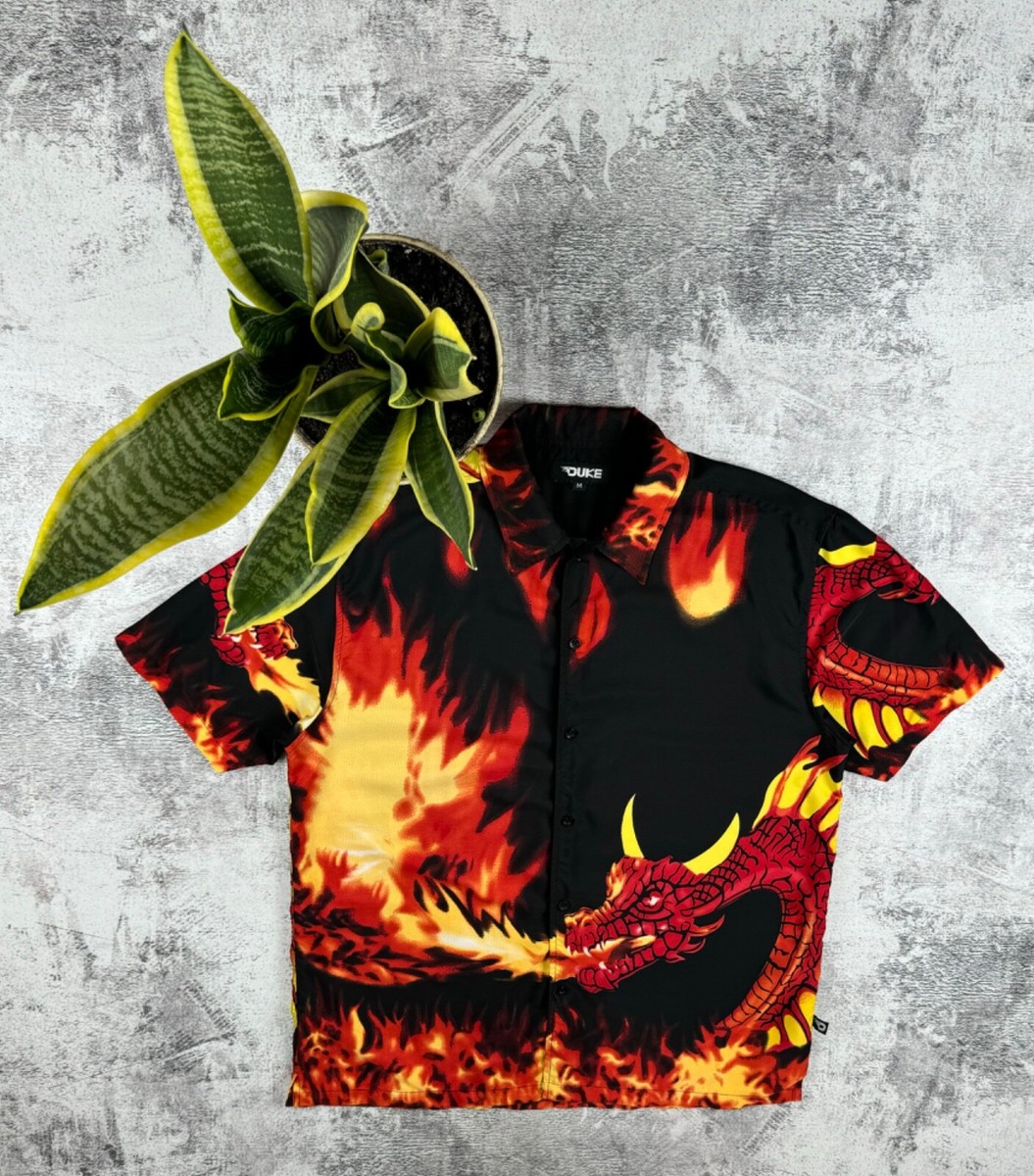 Vintage 90S Duke Hawaii Japanese Dragon Flame Fire Full Ptinted
