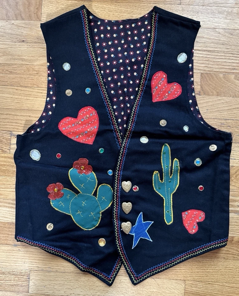 Cottagecore de colección. Chaleco original cosido a mano Cactus Southwestern Hearts para mujer Foto 2 de 4