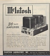 Amplificatore McIntosh 30 Watt MC-30 Binghamtown NY pubblicità stampa vintage 1955