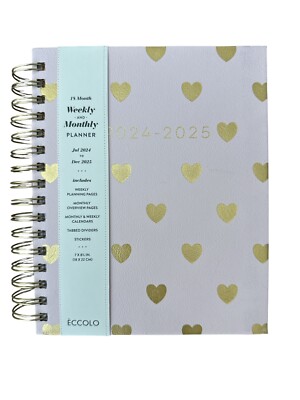ECCOLO 2024-2025  18-Month Planner ~ Monthly/Weekly Pages Hearts Pink Gold