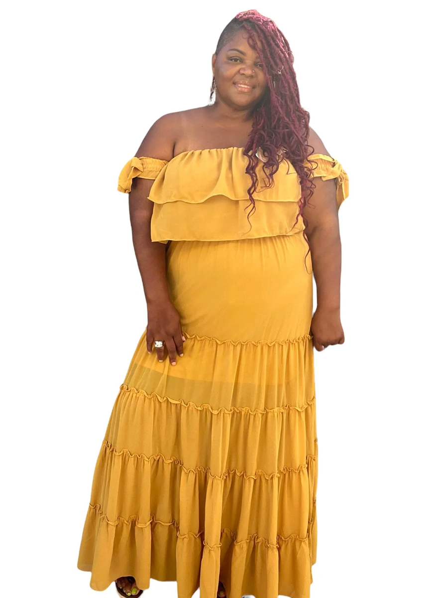 mustard yellow ruffle maxi dress Imogen Petite 3-Tier Ruffle Maxi Dress in Mustard Polka Jennafer Grace