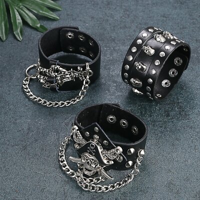 3 pcs Leather Bracelet Wristband Punk Rock Skull Pirate Rivet Wide