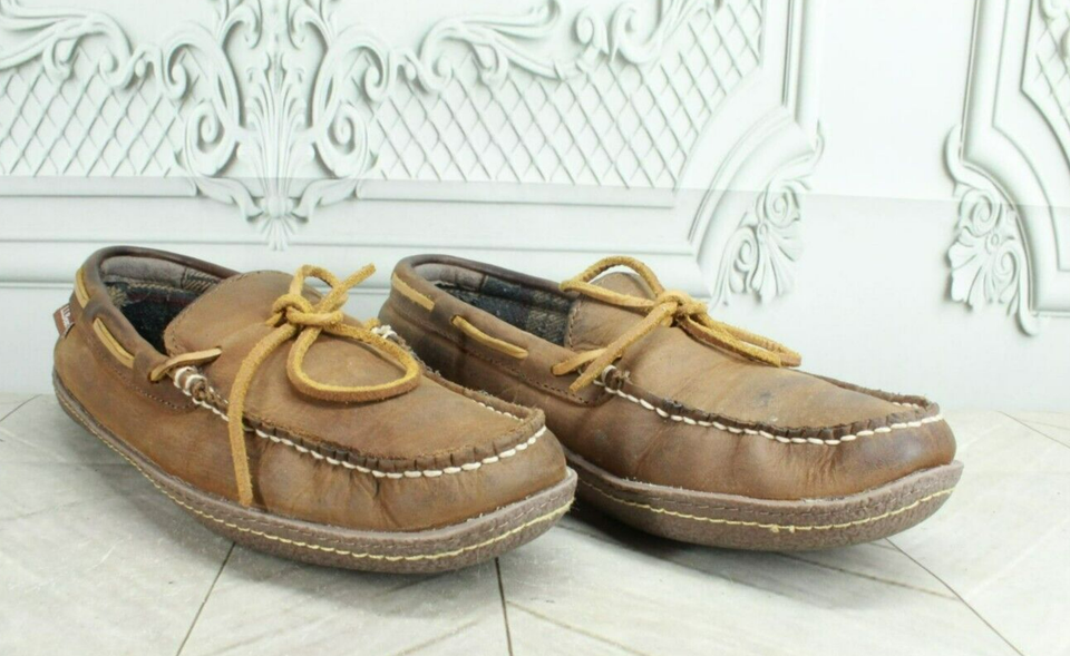 LL Bean Men's Brown Leather Slip On Plaid Lined Handsewn Moccasin
