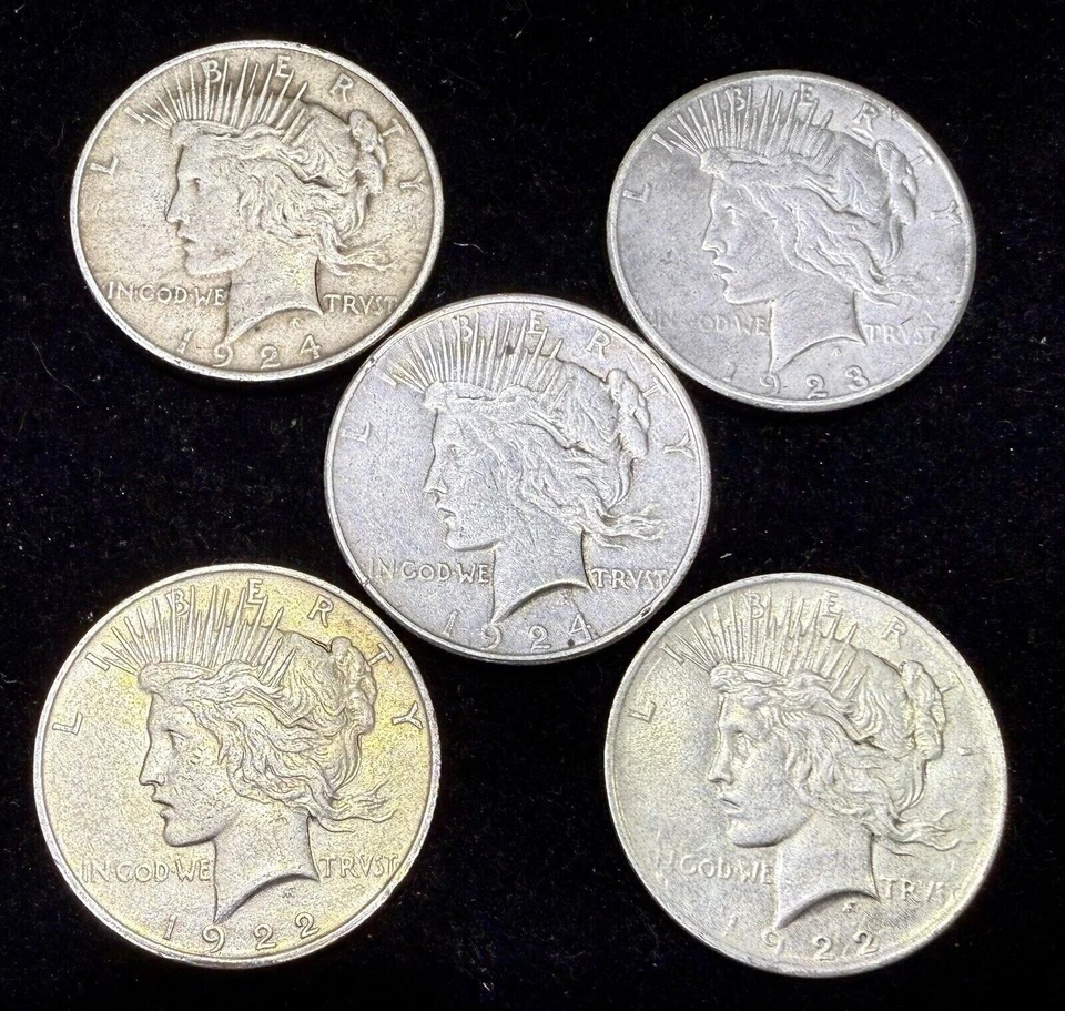 Lot Of 5 Coins - 1922-1935 Cull Peace Silver Dollar 90% US Silver Coin
