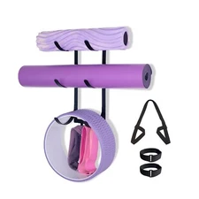 Yoga Mat Holder Wall Mount, Home Gym Accessories, with 3 Hanging Hooks
