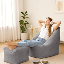 Bean Bag Chair with Footstool Charcoal Large Bean Bags Adult Bean Bag Sofa Grey