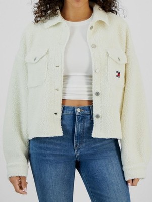 Tommy Jeans Womens White Teddy Logo Badge Button-Front Overshirt Jacker Size XL