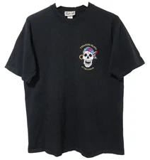 M/L Vtg 90s Y2K Treasure Island Pirate Skull Distressed Skate Punk Black T-Shirt