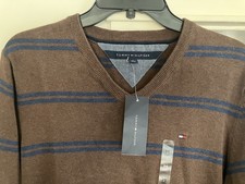 Tommy Hilfiger V Neck Sweater Brown Blue Stripe Mens Medium NWT