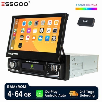 Autoradio 4+64G 1 DIN 7'' Android 14 Manual Flip Out DAB+ GPS WIFI Carplay RDS BT