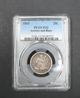 PCGS 1853 Silver 25c Quarter F12 Arrows and Rays Seated Liberty Circ. USA Coin