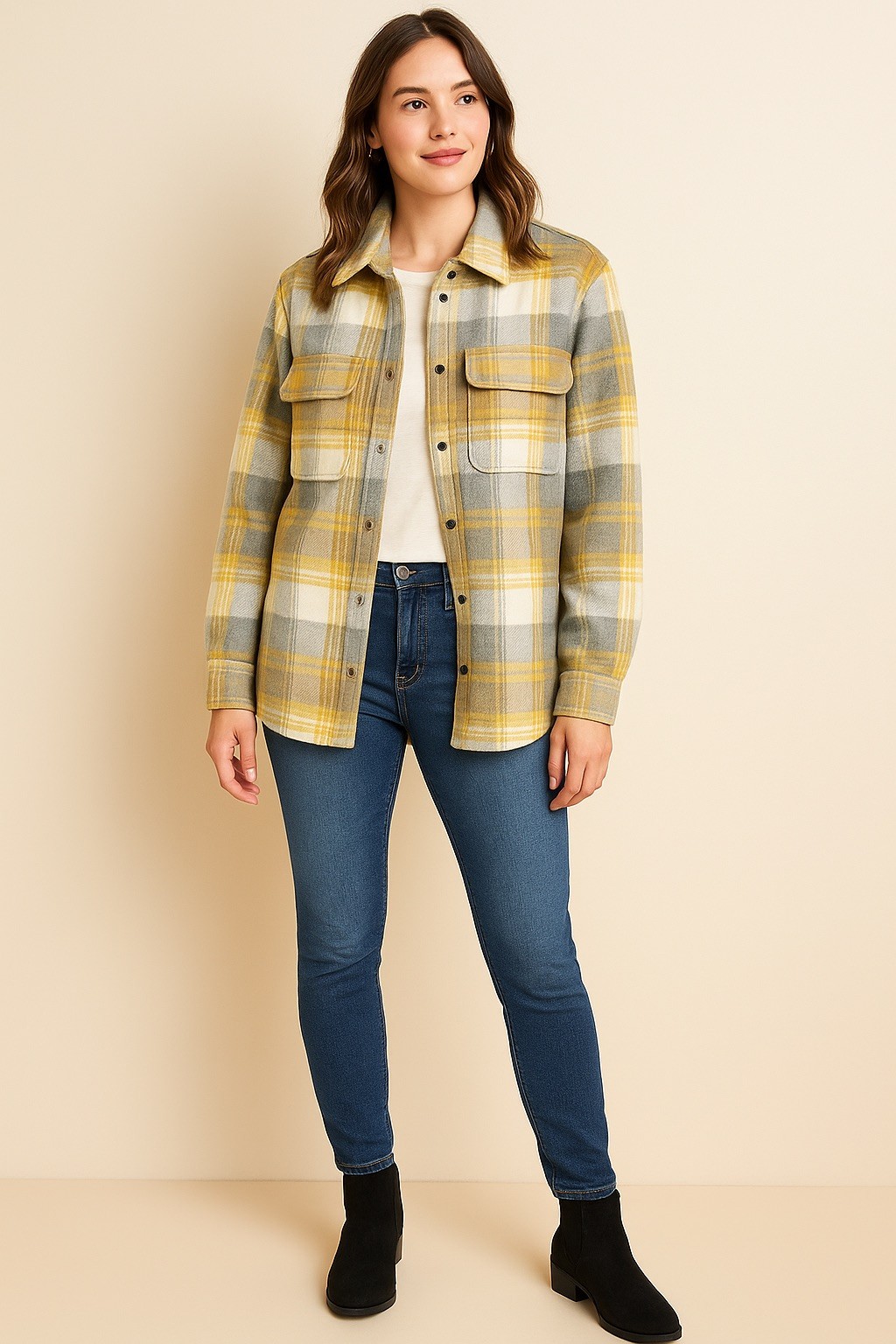 Old Navy Women’s Plaid Flannel Shirt Jacket Shacket Size Small Gray Yellow Snap