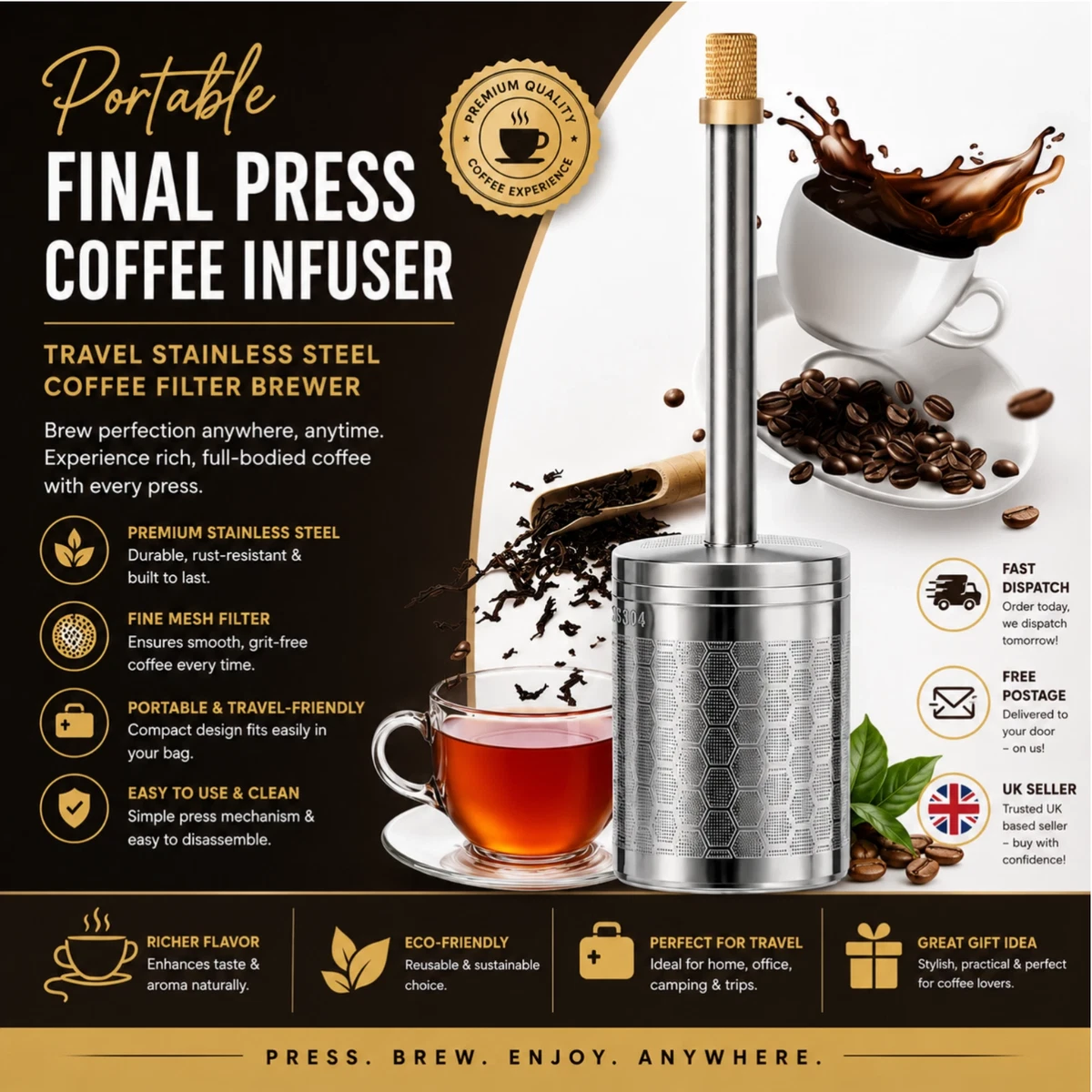 Infusor de café de acero inoxidable de viaje con infusor de café de prensa final portátil