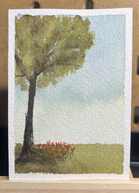 ACEO Original Art Watercolor Cat Hiding In Flowers Backyard OOAK annesartdesigns