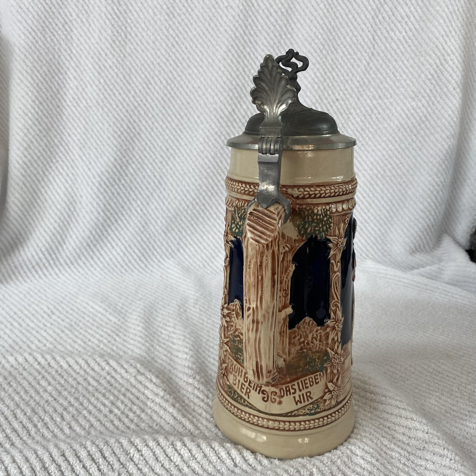 Vintage Gerz Germany Lidded Beer Stein Pewter Lid Tavern Scene Relief Ceramic