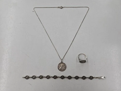 Vintage 925 Sterling Silver Ladies Angel Jewelry. Necklace, Bracelet And Ring