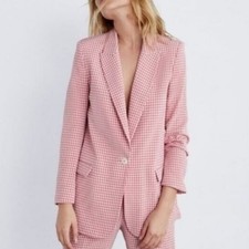 Zara's Pink Blazer Jacket Gingham Check Seersucker Womens S
