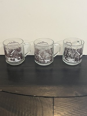 Vintage Winter Currier Ives Luminarc Glass Mug From Lithograph Prints Rare Set 3