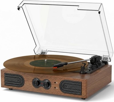 Record Player with Built-in Speakers Bluetooth, Walnut Vinyl Turntable Belt-D...