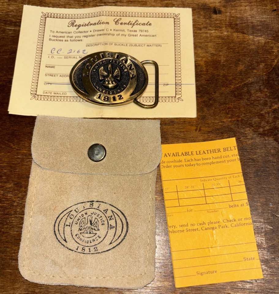 Hebilla de cinturón de latón macizo con sello de escudo de Louisiana pelícano vintage herencia como nueva rara Foto 3 de 4