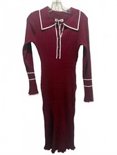 NWT Grace Karin Ribbed Knit Midi Dress Burgundy White Women's M