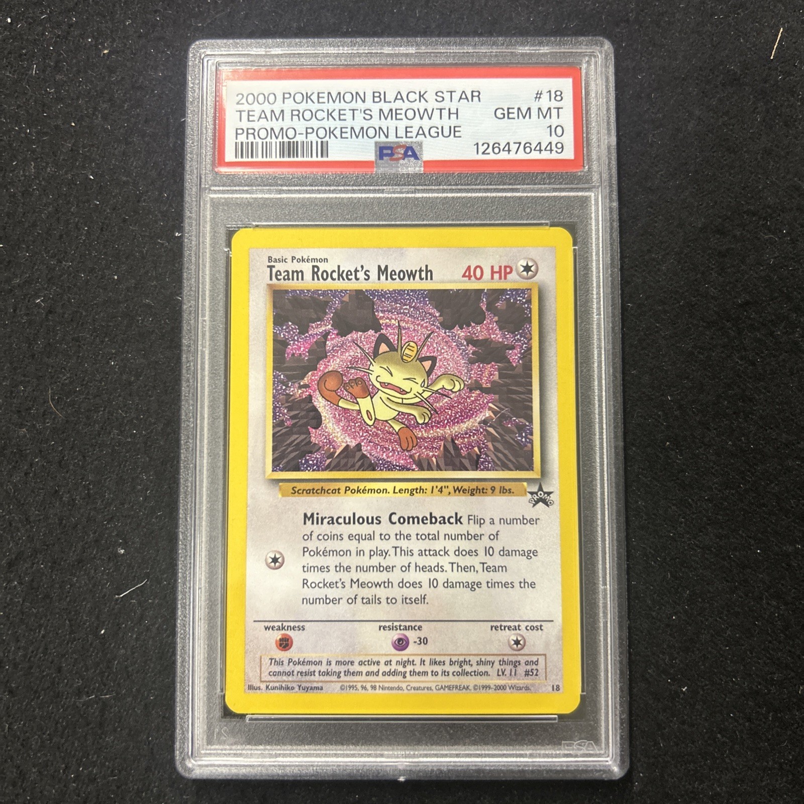 2000 POKEMON PROMO BLACK STAR #18 POKEMON LEAGUE ROCKET'S MEOWTH PSA 10