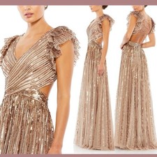 Mac Duggal NWT Sequin Cut Out Ruffle Sleeve Lace Up Gown Copper Size 0 V-Neck