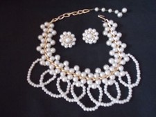 Vintage 1950's Pearl Choker Necklace  Matching Clip On Earrings Set
