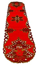 Pine Tree Candle and Poinsettia Cutwork Table Runner 15x68 inches Red