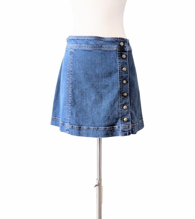 FREE PEOPLE Denim Jean Skirt A-Line Blue Mini Stretch Side Buttons