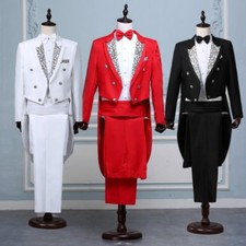 Men Printed Lapel Tailcoat Trousers Set Formal Dress Tuxedo Suit Costume Vintage