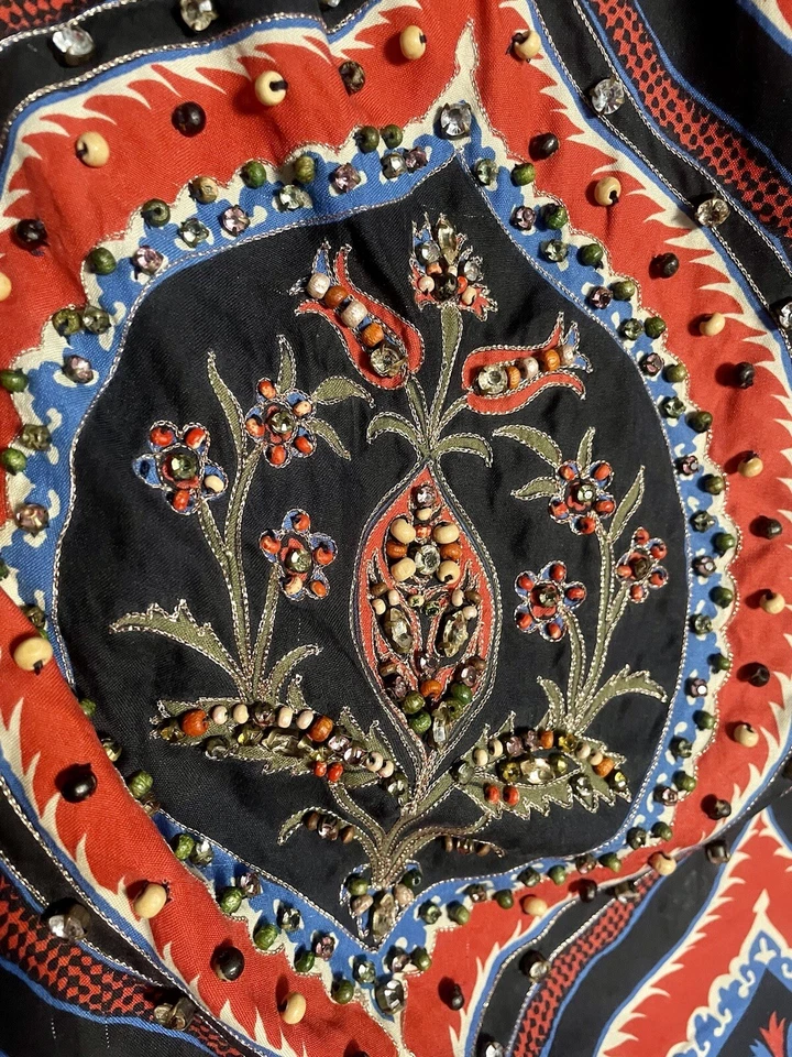 Raro Juicy Couture Cristal, Cuentas Azul Marino Multicolor Seda Vestido y Chaqueta. Paisley S/XS Foto 4 de 4