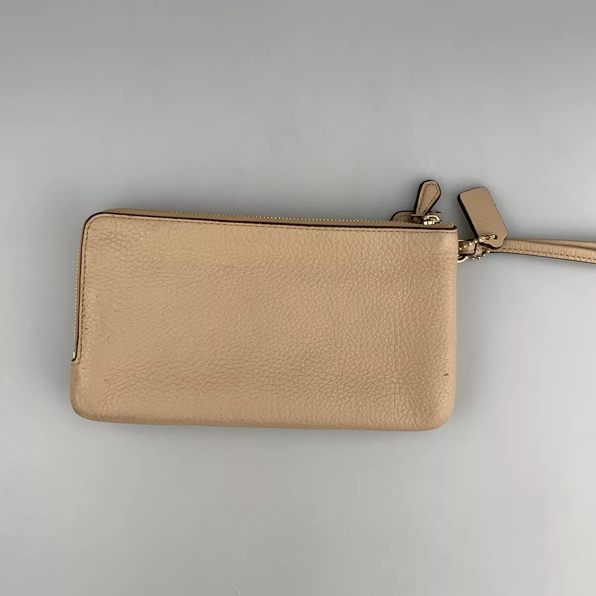 Coach Double Zip Wallet Leather Zip Around Clutch Tan Wristlet