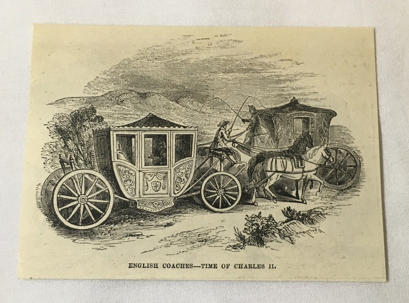 1876 magazine engraving~ ENGLISH COACHES IN THE TIME OF CHARLES II