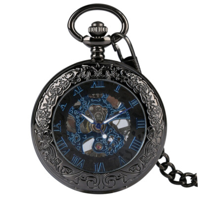 Mens Pocket Watch Mechanical Black Steampunk Skeleton Retro