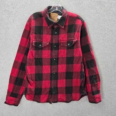 American Eagle Men Button Up Shirt Large Red Buffalo Plaid Flannel Pockets