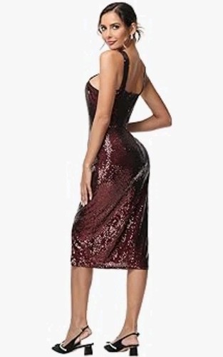 Belle Poque Women Sequin Dress Vintage Halter Neck Ruched Dress Wine UK size 14 - Picture 5 of 6