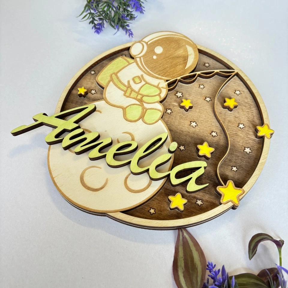 Letrero de madera para guardería de astronauta - Placa de habitación de bebé pintada a mano con temática de pescador Foto 2 de 4