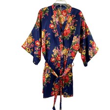 Womens Medium Navy Blue Floral Print Kimono Robe Satin Wrap Tie Waist Loungewear