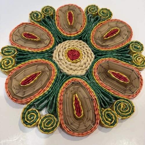 70s Bright Groovy Straw Raffia Trivets Rattan Wicker Boho Decor Hot Pads Vintage image 6