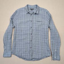 John Varvatos Linen Blend Button Shirt Mens M Blue Plaid Lightweight Coastal L/S