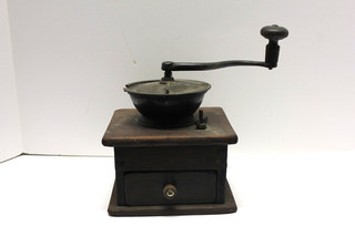 Antique Hand Crank Wood and Metal Coffee Mill Grinder with Dovetail Corners