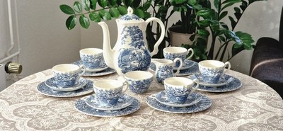 Kaffeeservice The Hunter By Myott Blau England, 21 Teile,in perfektem Zustand