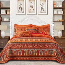 Cotton Quilt Queen Size Bedding Set - 3 Queen 90" 98" Striped Red/Orange