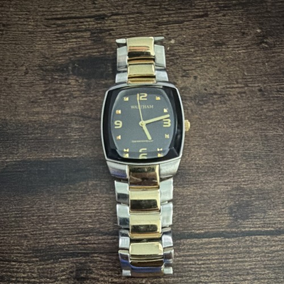 #ad Waltham Quartz Analog Wristwatch Two Tone Metal Bracelet Black Dial 30m $200.00