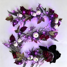 6FT Gothic Halloween Garland with Purple Lights  Spooky Garland with Skulls,Bur