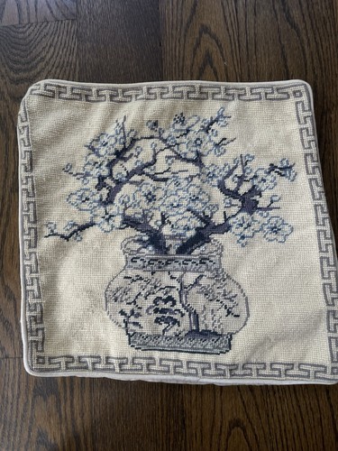 Needlepoint Chinoiserie Pillow Cover Blue White Floral 14x14 Zip Up  Velvet Back