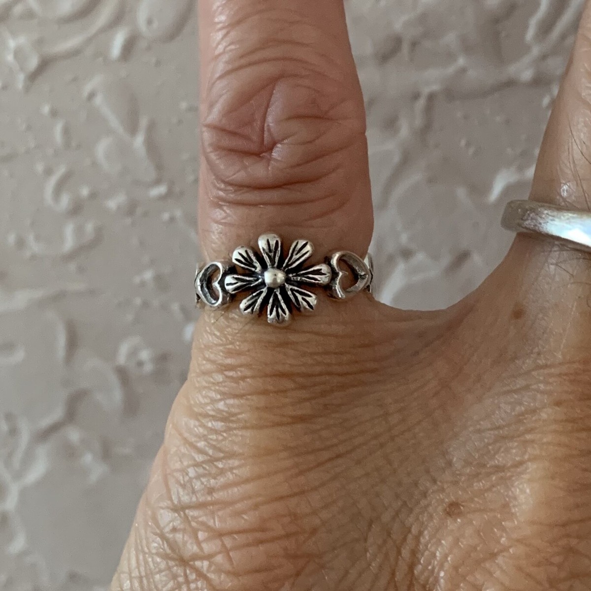 Sterling Silver Flower with Hearts Ring, Silver Rings, Flower Ring, Heart  Ring