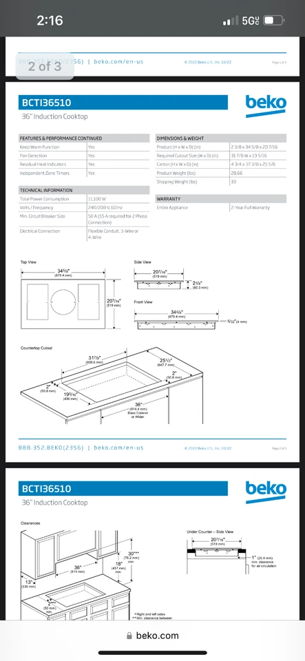 Beko BCTI36510 36" Placa de Inducción con 5 Quemadores Vidrio Negro Foto 4 de 4