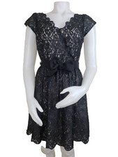 Elle Lace Dress Womens Sz 4 Black Shimmer Lace Overlay Party Belted Knee Length